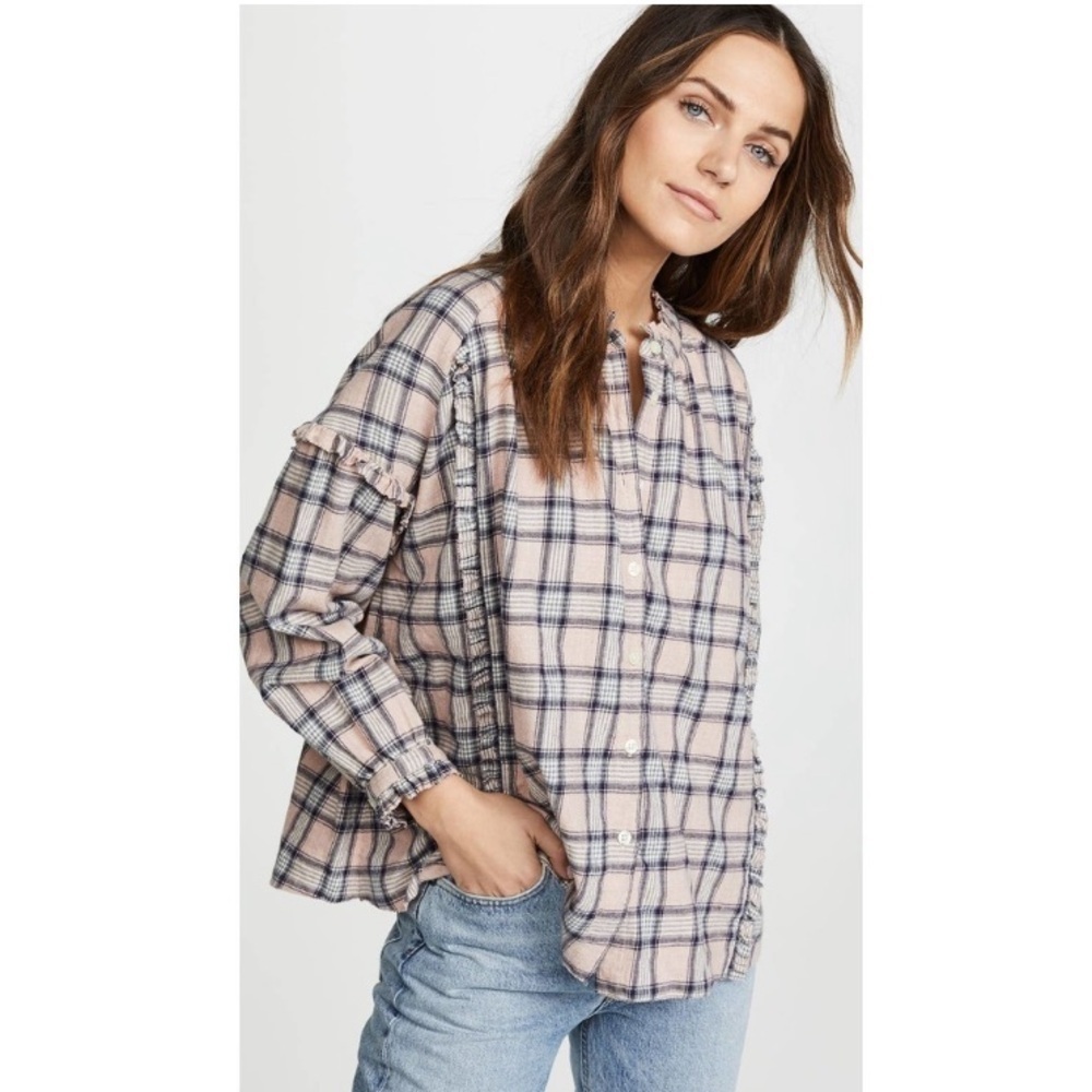 THE GREAT The Handsome Pink Plaid ruffle peasant ruffle button up Top women’s XS